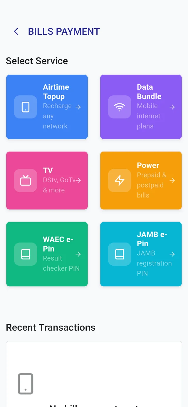 PopnChat bill payment screen listing Airtime, Data, TV, Power, WAEC and JAMB services.