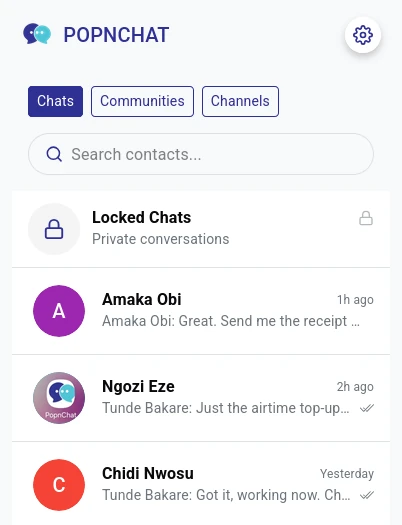 The PopnChat chats tab showing Locked Chats alongside recent one-to-one and group conversations, with Chats, Communities and Channels filters.