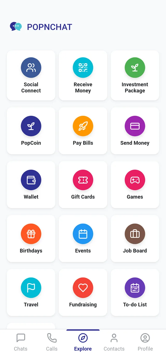 PopnChat home screen with shortcuts for Wallet, Pay Bills, Send Money, Gift Cards, Events, Job Board and Fundraising.
