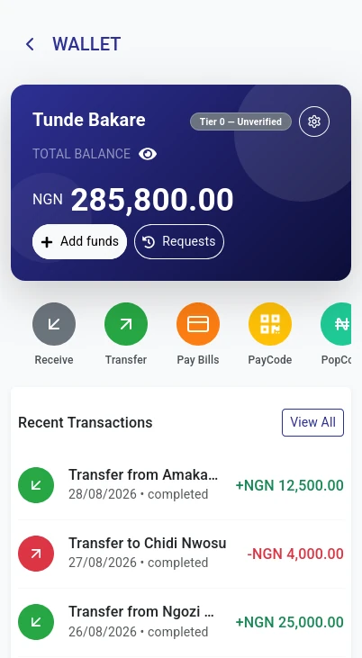 The PopnChat wallet showing a naira balance with Receive, Transfer, Pay Bills, PayCode and PopCoin actions, above a list of completed transfers.